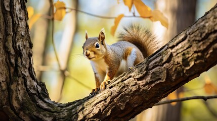Fototapeta premium A vertical photo of a fox squirrel on a tree branch with a background that is blurry