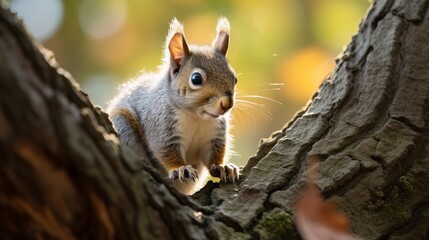 Obraz premium A vertical shot of a young squirrel consuming food from a tree.
