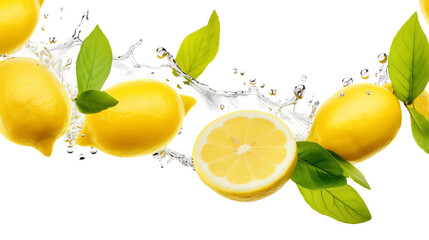 Lemon water splash isolated on a white transparent background, png. Lemon fruit slice, leaves and...