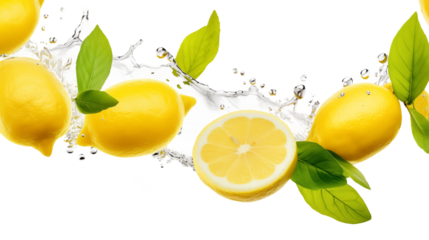 Lemon water splash isolated on a white transparent background, png. Lemon fruit slice, leaves and water splash. background water wave, citrus piece and mint foliage flying
