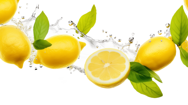 Lemon water splash isolated on a white transparent background, png. Lemon fruit slice, leaves and water splash. background water wave, citrus piece and mint foliage flying
