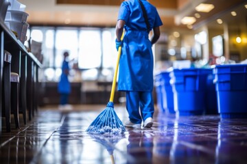 Unrecognizable person cleaning office floor, detailed wide shot with blurred background - obrazy, fototapety, plakaty