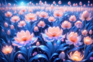 bright flowers, colour of the year 2024 Peach Fuzz and blues in a field of surreal tulips, peaceful, landscapes concept, generative ai