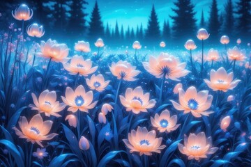 Obraz na płótnie Canvas bright flowers, colour of the year 2024 Peach Fuzz and blues in a field of surreal tulips, peaceful, landscapes concept, generative ai