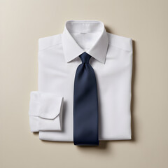 white shirt and navy tie on off white background flat lay