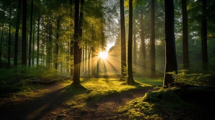 The forest is illuminated by the sun through its trees.