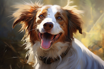A brown and white dog smiling with it's tongue out