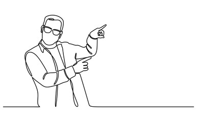 smiling businessman pointing at copy space for advertising isolated. Continuous line style. Hand drawn. business concept. Vector design. Illustration
