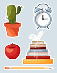 Educational patches, badges, stickers, logos. A set of stickers on the theme of education, school, study.Vector school illustrations of books, apple, alarm clock, pencil, home plant