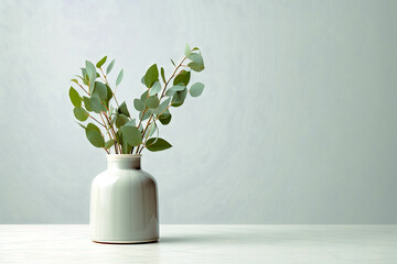 Beautiful eucalyptus flower branch with leaves in a ceramic vase on a table with a pale wall in the background