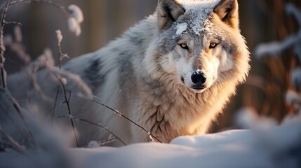 Obraz premium Wolves in a wooded area covered in snow under the sunlight.