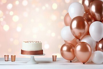 Birthday party cake and white and rose gold balloons in the background