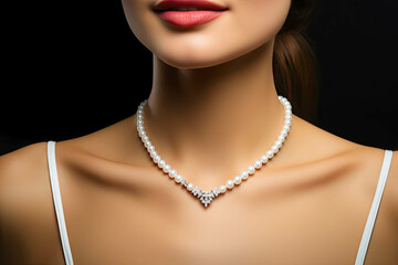 Beauty wearing a white pearl necklace - fine jewelry