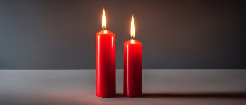 Two red burning candles on a gray background