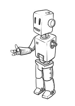 An ink drawing of a cartoon, cubic, retro, one armed robot. Digital illustration