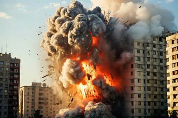 Explostion after missile hitting a building during a war