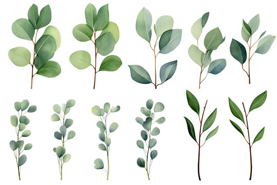 Eucalyptus watercolor clipart set. Green plant collection isolated on white background vector illustration set.