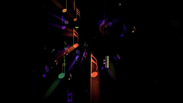 Musical Fantasy - II - Flying Colorful Notes in Rainbow Light Rays - Background, overlay, screen saver, ring tone particle animation effect