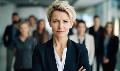Mature purposeful woman leader at the head of the team