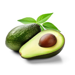 cut avocado with pit and leaves isolated