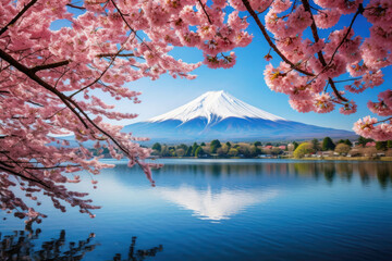 The breathtaking Mount Fuji stands majestically over a serene lake, surrounded by vibrant flowers...