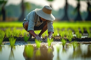 Traditional method of rice planting, farmers planted seedlings in green rice fields