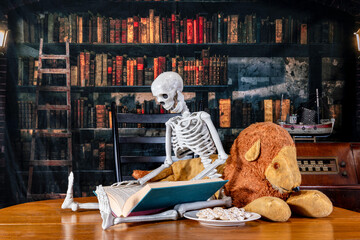 skeleton reading book with stuffed lion and gingerbread cookies with vintage radio and old library background