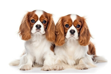 Two cavalier king charles spaniel dogs on white background - obrazy, fototapety, plakaty
