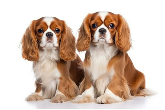 Two cavalier king charles spaniel dogs on white background