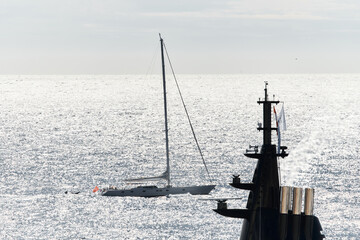 Monaco, Monte Carlo, 27 September 2022 - top of huge luxury yacht at sunny day, sailing yacht on...