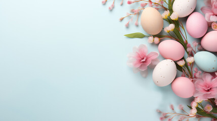 Naklejka na ściany i meble Pink Pastel Easter Background: A Banner with Decorated Eggs and Spring Blossoms. 