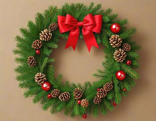 Fototapeta na wymiar Christmas wreath with red ribbon