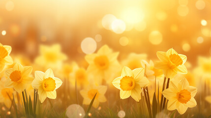 Yellow Daffodils Bloom with Bokeh Effect. Yellow Floral Background for Easter, Spring, Mother's Day, or Women's Day Greetings.	