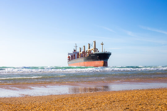 The large cargo ship Blue Shark ran aground on the Black Sea coast during a strong storm. Vityazevo, Russia - 12.02.2023
