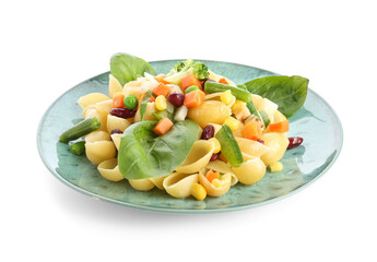 Plate with delicious pasta primavera on white background