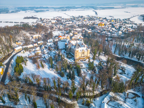 Zleby Castle in sunny winter day. Czechia. Aerial view from drone.