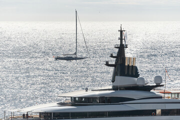 Monaco, Monte Carlo, 27 September 2022 - top of huge luxury yacht at sunny day, sailing yacht on...