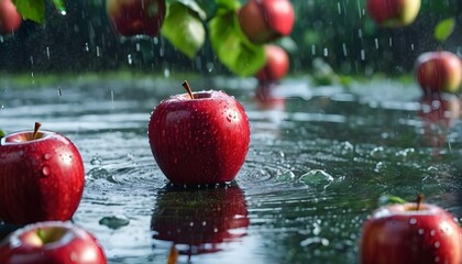 Ein roter Apfel mit Wassertropfen im Regen - obrazy, fototapety, plakaty