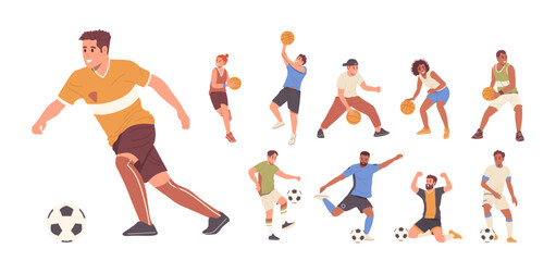 Sport game set with happy people athletes cartoon characters playing basketball and football