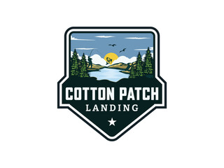 Fototapeta premium Mountain Badge Fishing logo design template illustration. Sport fishing Logo