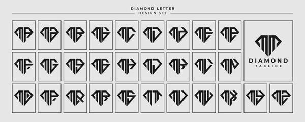 Line jewelry diamond letter M MM logo design set - obrazy, fototapety, plakaty