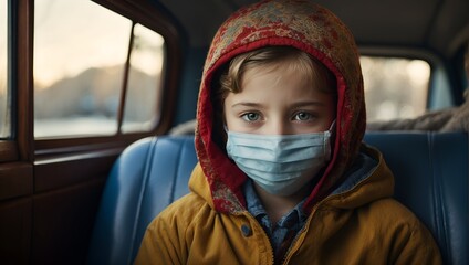 Toddler boy, child wearing face mask in a bus, family trip with all precautions