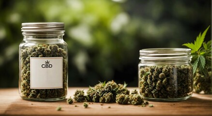 Closeup of glass jar full of marihuana buds with text CBD on wooden table, medical marijuana concept, background - obrazy, fototapety, plakaty