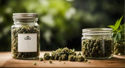 Foto op Aluminium Closeup of glass jar full of marihuana buds with text CBD on wooden table, medical marijuana concept, background © Karlo