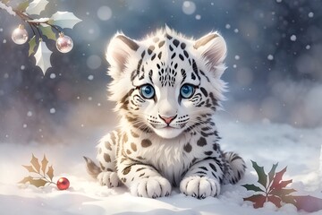 adorable, cute, funny, soft wild baby snow leopard in watercolor with big eyes	 - obrazy, fototapety, plakaty