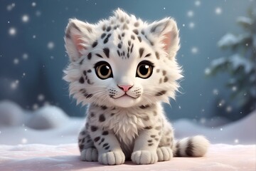 adorable, cute, funny, soft wild baby snow leopard in watercolor with big eyes	 - obrazy, fototapety, plakaty