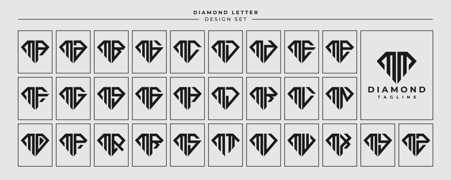 Line jewelry diamond letter M MM logo design set