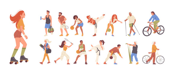 People sport activities isolated set with happy healthy active man and woman of different age © Iryna Petrenko