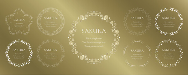 素材_フレームのセット_桜をモチーフにした春の飾り枠。ゴールドの高級感ある囲みのデザイン
