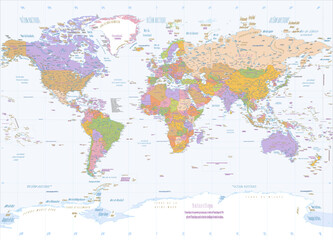 Fototapeta na wymiar Political world map French language Miller projection